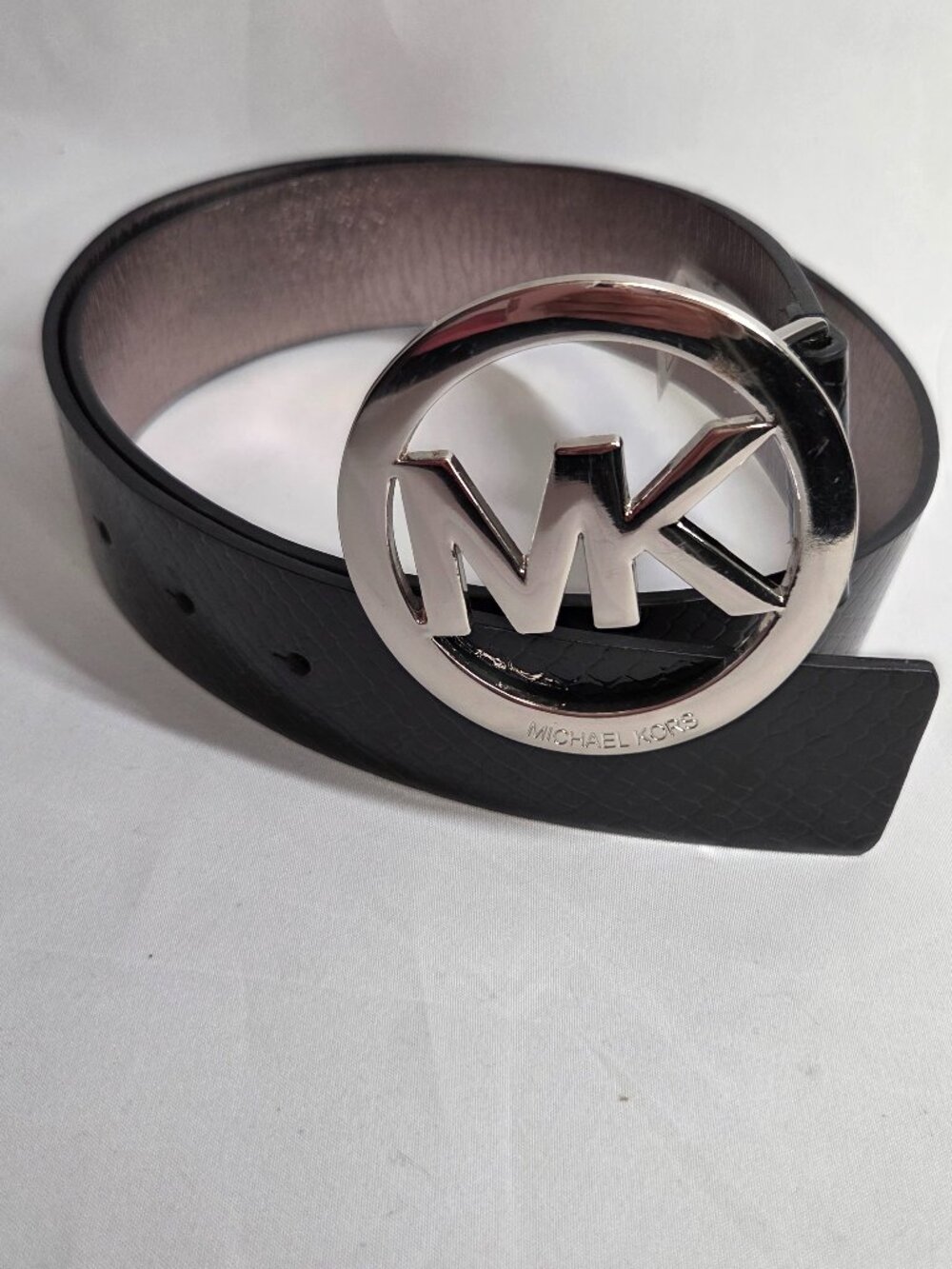 Michael Kors Y2K Womens Black Crocodile Embossed Belt Silver Logo Buckle 551009